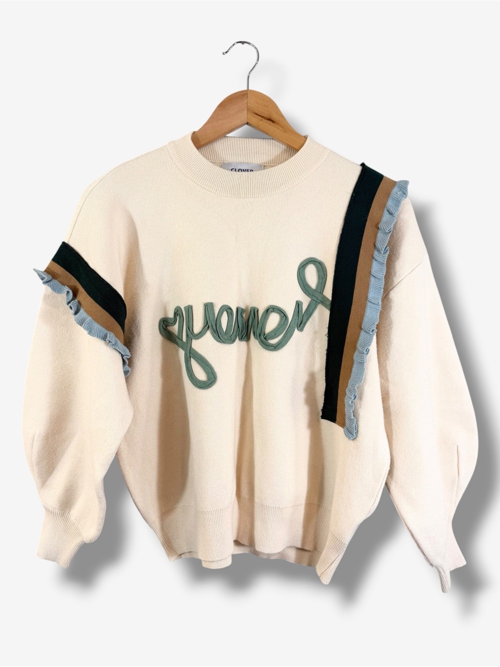 CLOVER Korean Graphic Sweatshirt Size M/L Cream Green Ribbon Embroidered Artsy